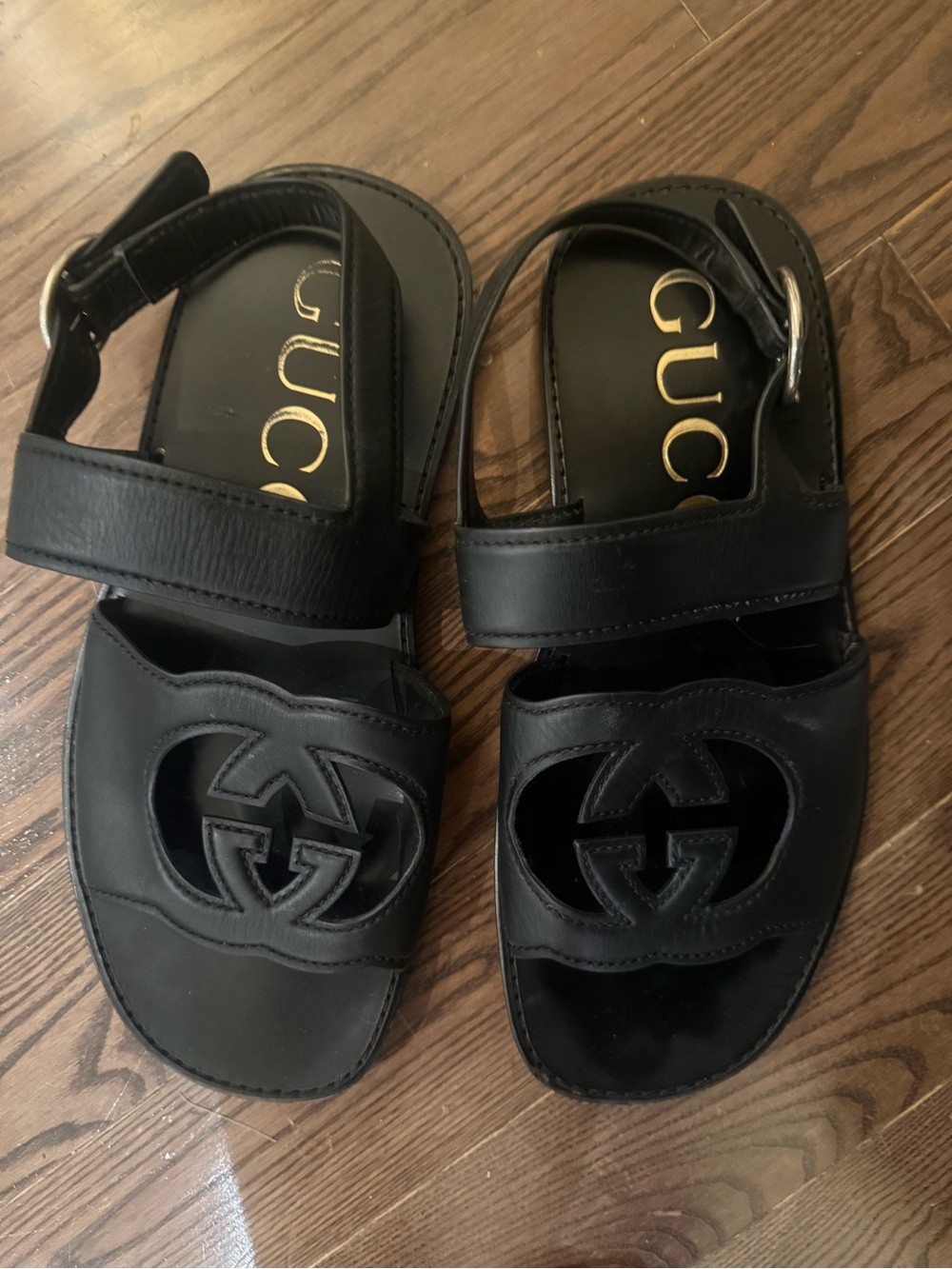 Gucci Black Kids Leather Logo Cutout Sandals